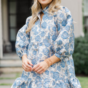 Free To Be Blue Floral Brocade Babydoll Dress