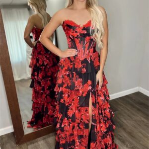 Red Strapless A Line Floral Chiffon Ruffled Prom Dresses With Slit