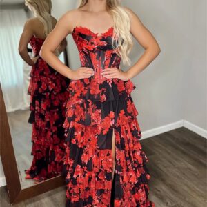 Alternative view of Red Strapless A Line Floral Chiffon Ruffled Prom Dresses With Slit