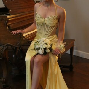 Alternative view of Yellow Halter Pleated Sheath Satin Long Prom Dresses With Beading