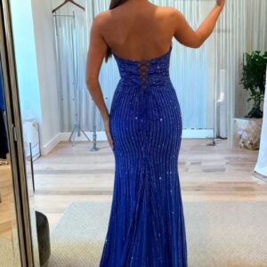 Alternative view of Royal Blue - Strapless Mermaid Satin Beaded Long Formal Prom Dresses With Cutout