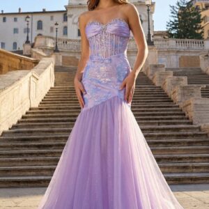 Lilac Sheath Strapless Tulle Pleated Long Prom Dresses With Beading