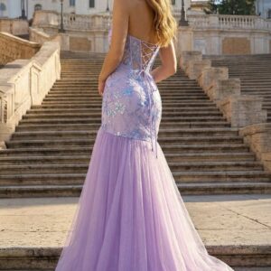 Alternative view of Lilac Sheath Strapless Tulle Pleated Long Prom Dresses With Beading