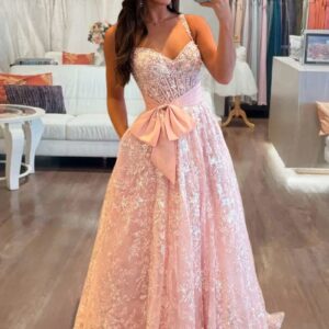 Pink Sweetheart A Line Sequined Lace Long Prom Dresses With Bow