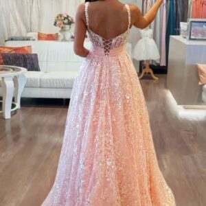 Alternative view of Pink Sweetheart A Line Sequined Lace Long Prom Dresses With Bow