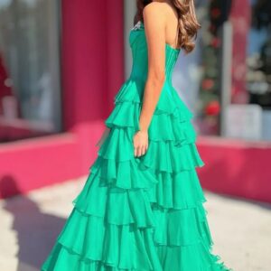 Alternative view of Green Scoop Neck A Line Chiffon Ruffled Prom Dresses With Beading