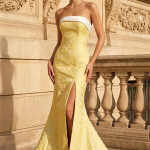 Yellow Strapless Mermaid Satin Long Prom Dresses With Slit