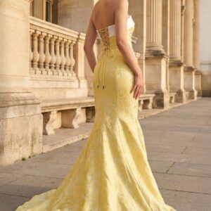 Alternative view of Yellow Strapless Mermaid Satin Long Prom Dresses With Slit